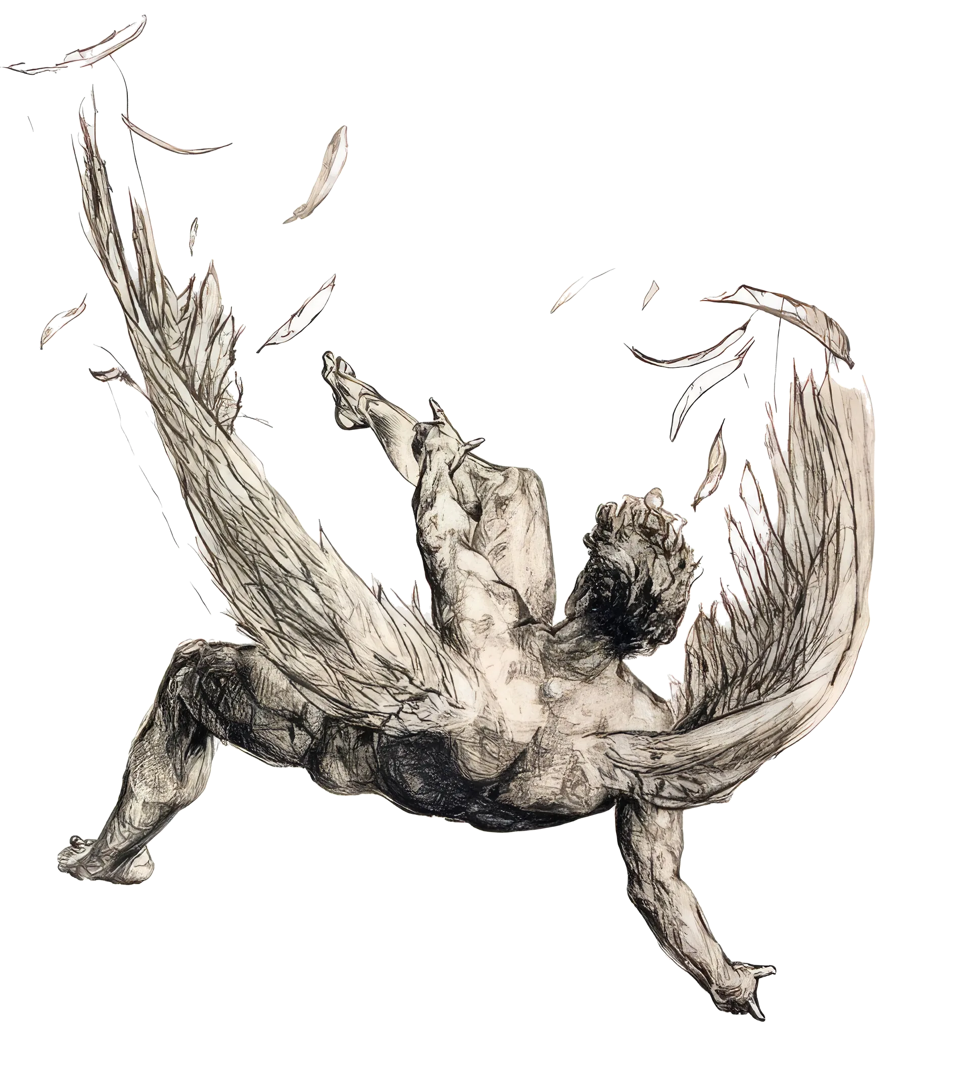 Icarus falling as his wax wings disintegrate